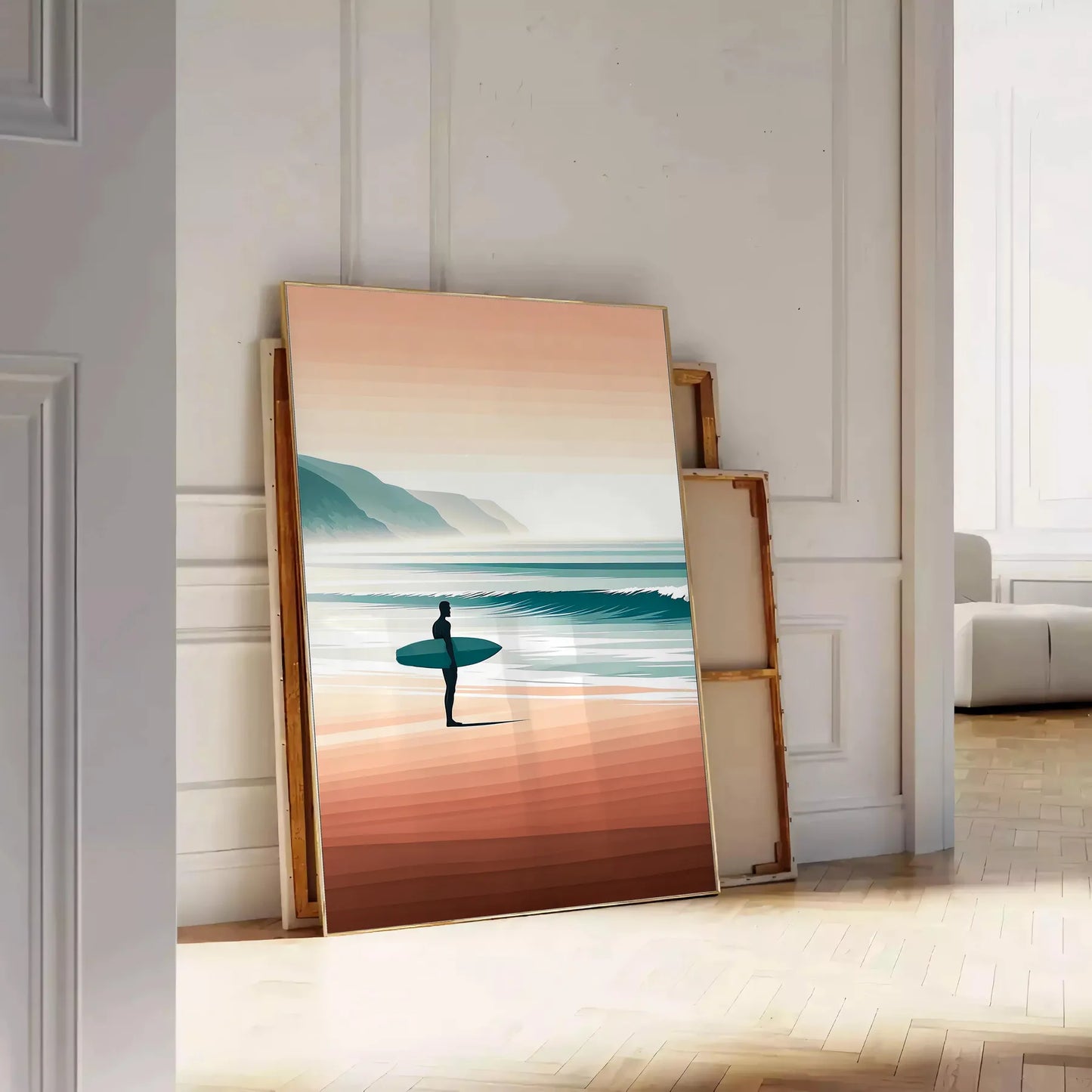 waves vibrant surf poster dynamic orange green hues coastal energy space wall art setting ideal gift enthusiasts print sizes A4 cm A0