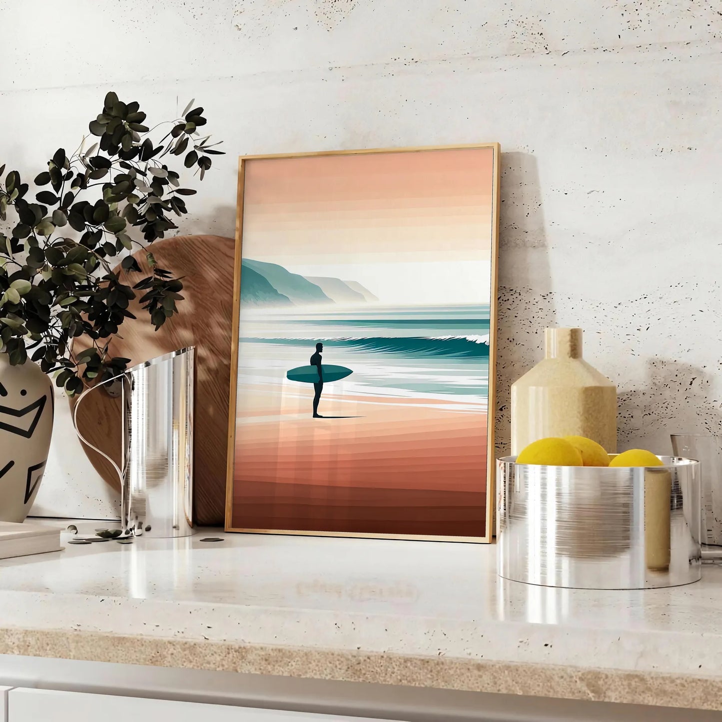 waves vibrant surf poster dynamic orange green hues coastal energy space wall art setting ideal gift enthusiasts print sizes A4 cm A0
