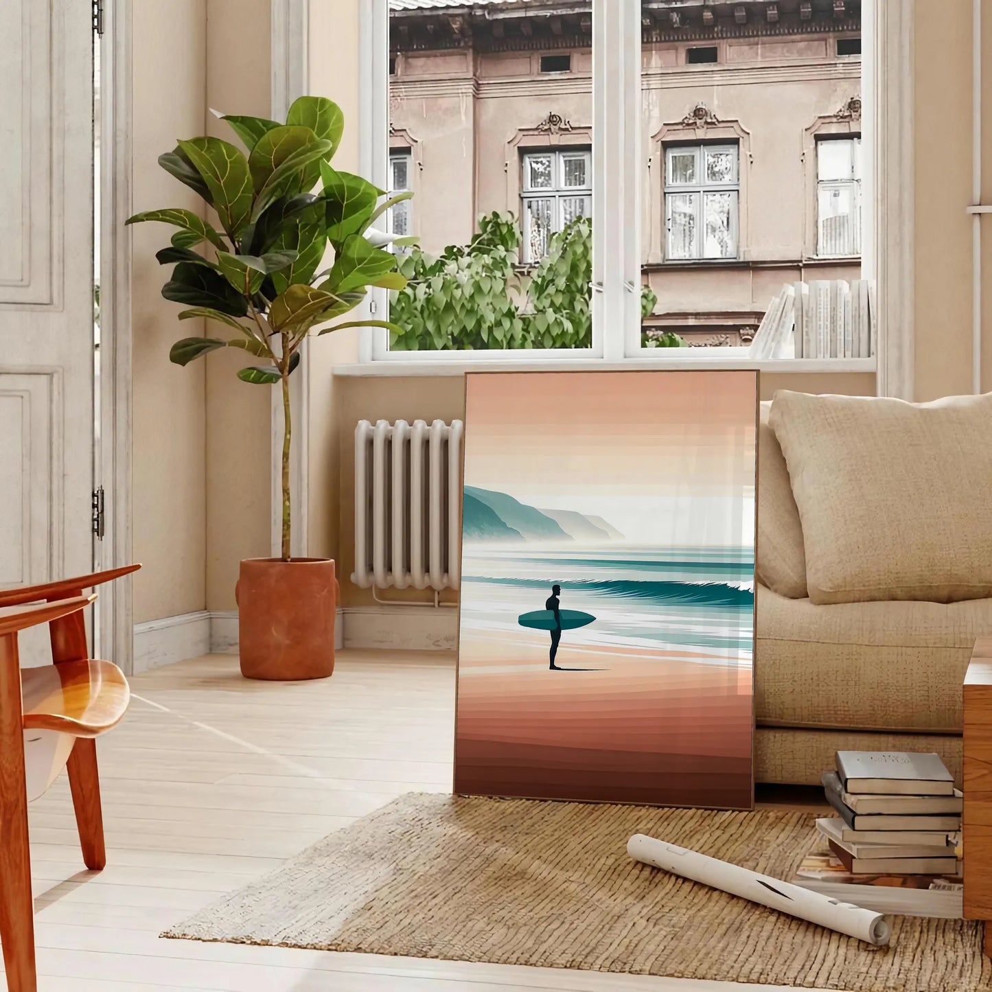 waves vibrant surf poster dynamic orange green hues coastal energy space wall art setting ideal gift enthusiasts print sizes A4 cm A0