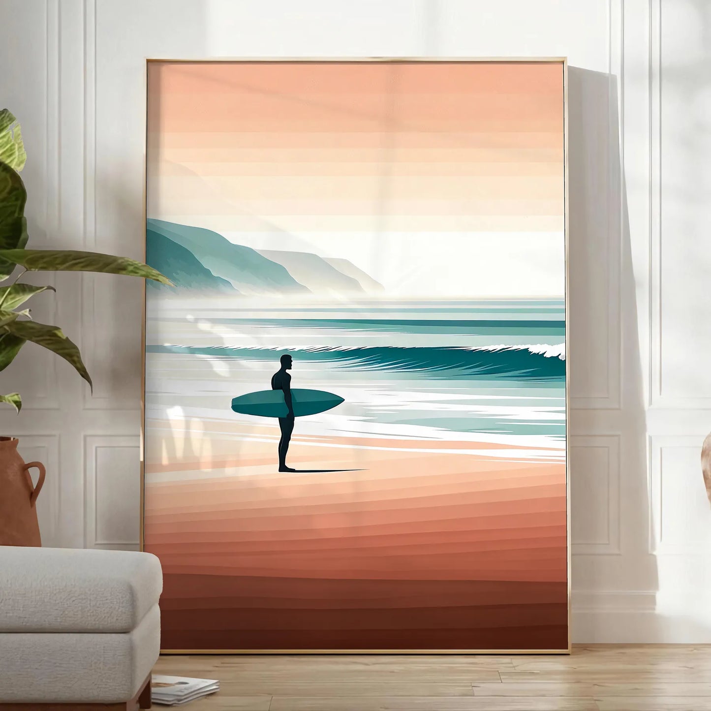 waves vibrant surf poster dynamic orange green hues coastal energy space wall art setting ideal gift enthusiasts print sizes A4 cm A0