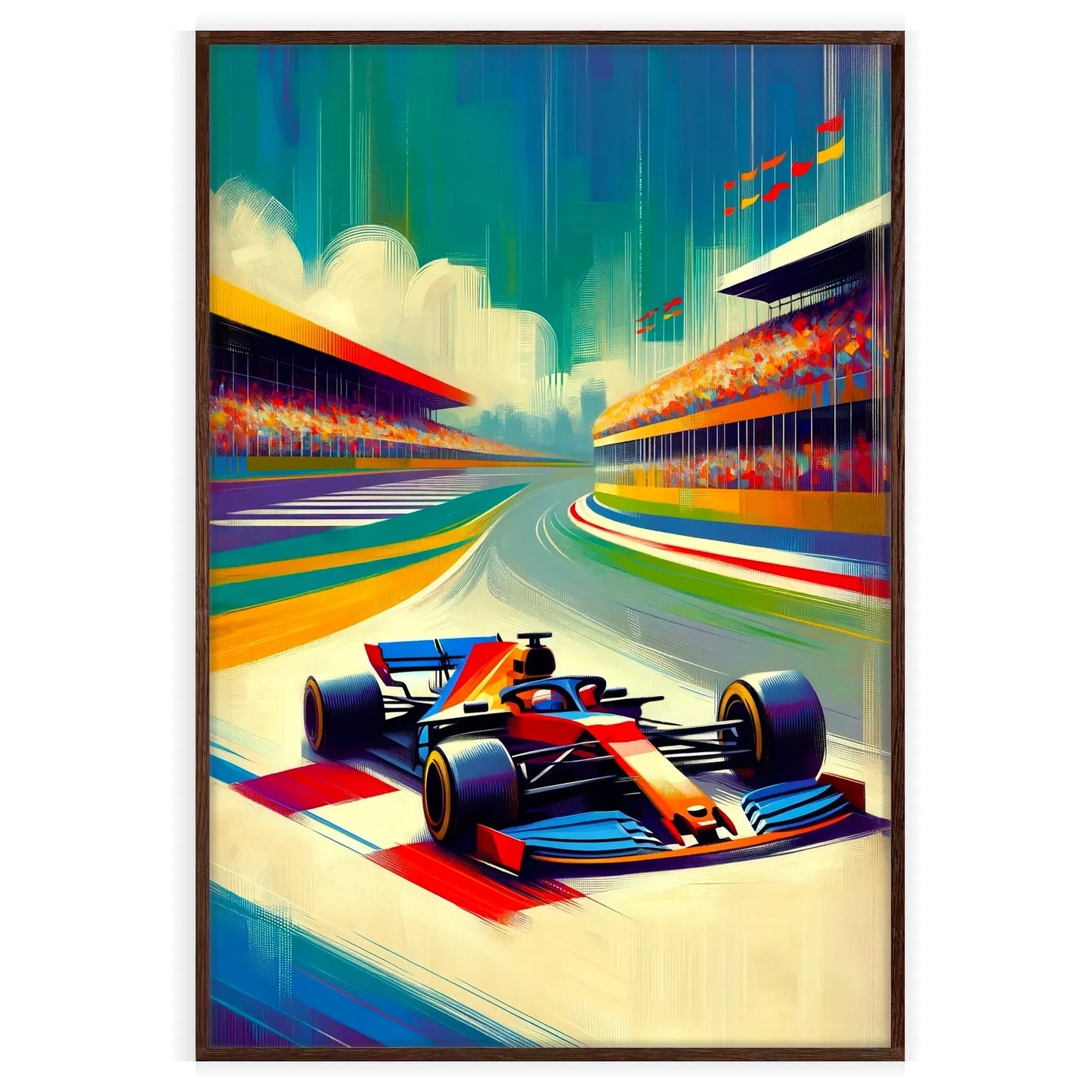 space Formula 1 poster dynamic brown blue hues wall art fans striking print ideal gift room motorsport masterpiece sizes A4 cm A0
