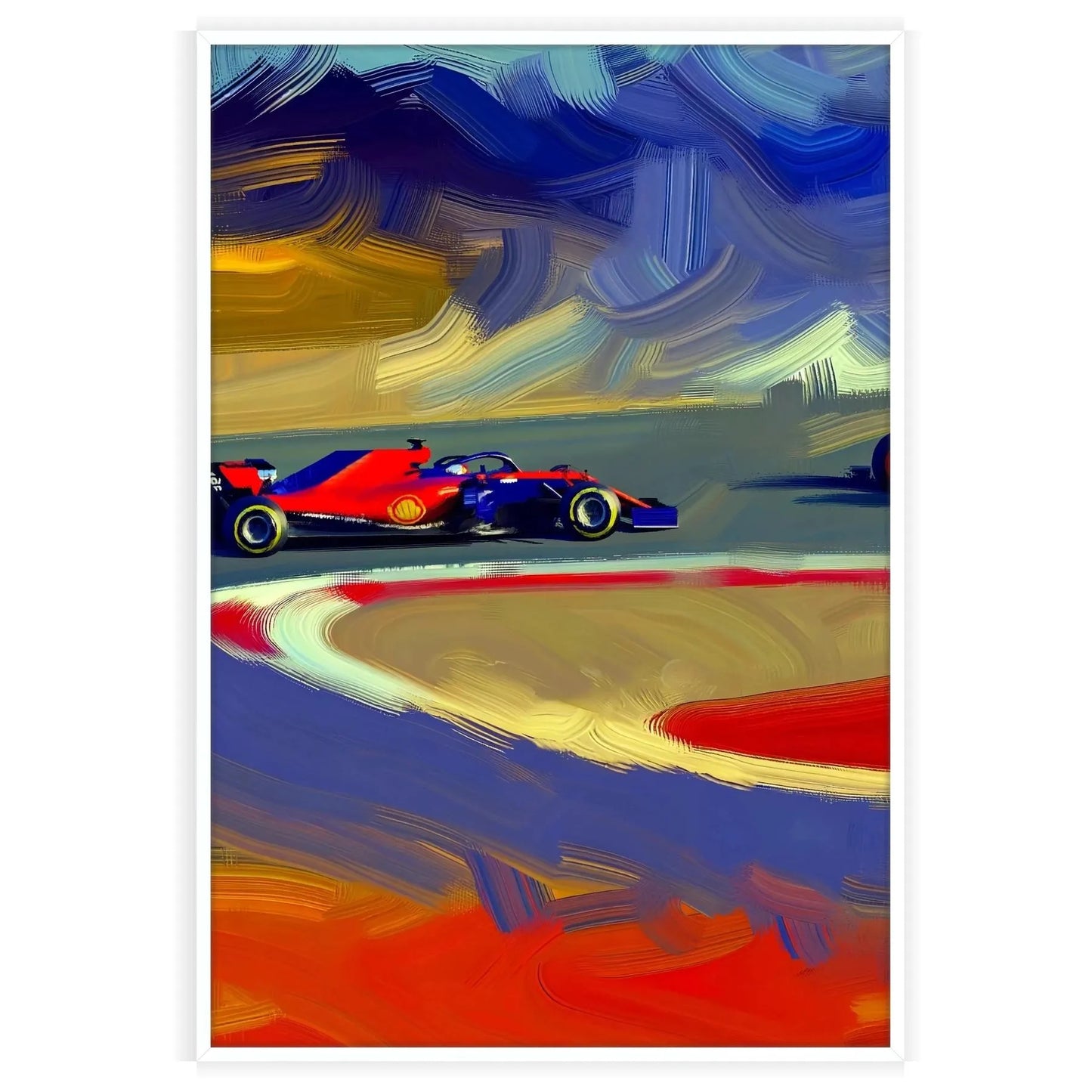 space dynamic Formula 1 poster green orange hues wall art enthusiasts thrilling gift striking décor splash speed home office A4 cm A0 sizes