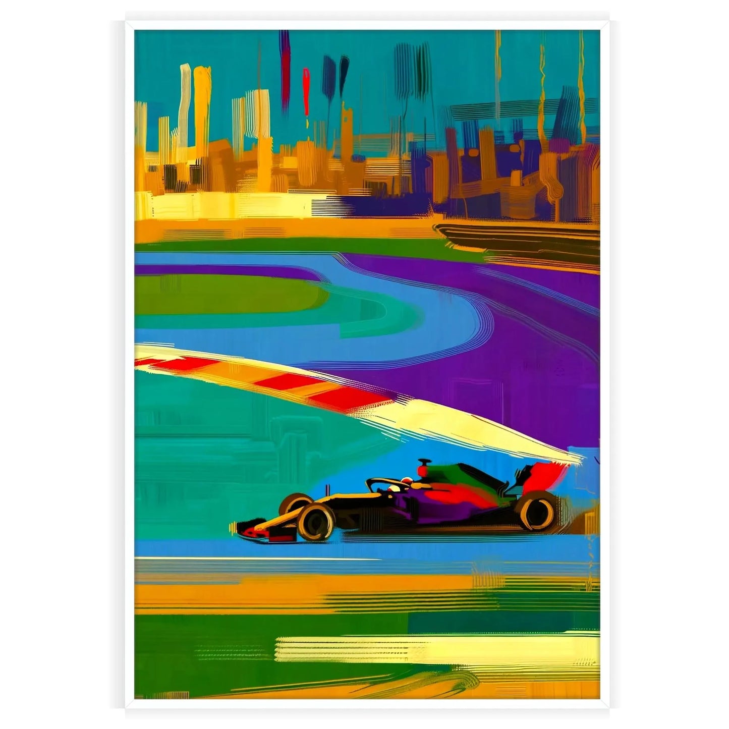 space stunning Formula 1 poster dynamic orange purple hues motorsport fan eye artwork ideal gift perfect size A4 cm A0 wall art collection today