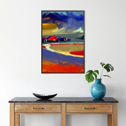 space dynamic Formula 1 poster green orange hues wall art enthusiasts thrilling gift striking décor splash speed home office A4 cm A0 sizes