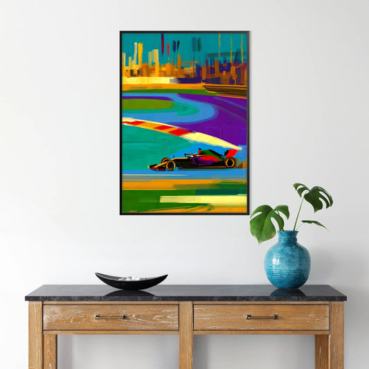space stunning Formula 1 poster dynamic orange purple hues motorsport fan eye artwork ideal gift perfect size A4 cm A0 wall art collection today