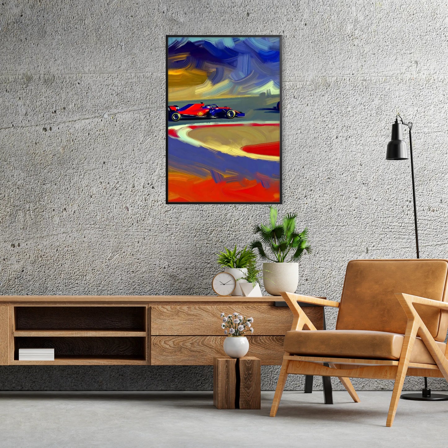 space dynamic Formula 1 poster green orange hues wall art enthusiasts thrilling gift striking décor splash speed home office A4 cm A0 sizes
