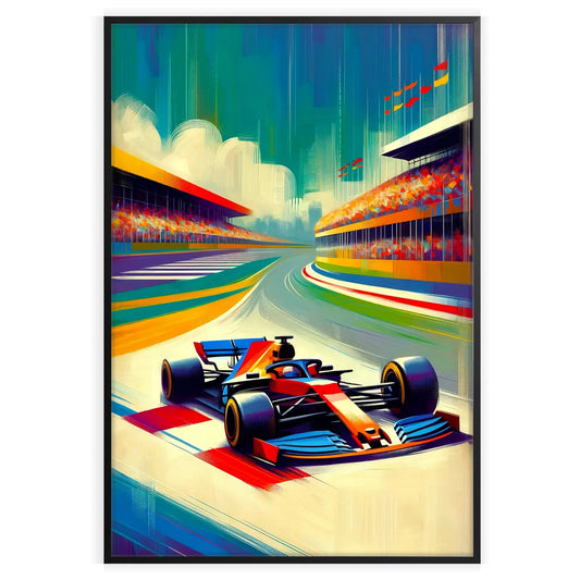 space Formula 1 poster dynamic brown blue hues wall art fans striking print ideal gift room motorsport masterpiece sizes A4 cm A0