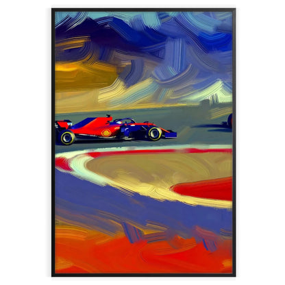 space dynamic Formula 1 poster green orange hues wall art enthusiasts thrilling gift striking décor splash speed home office A4 cm A0 sizes