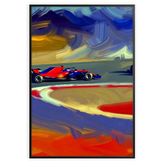 space dynamic Formula 1 poster green orange hues wall art enthusiasts thrilling gift striking décor splash speed home office A4 cm A0 sizes