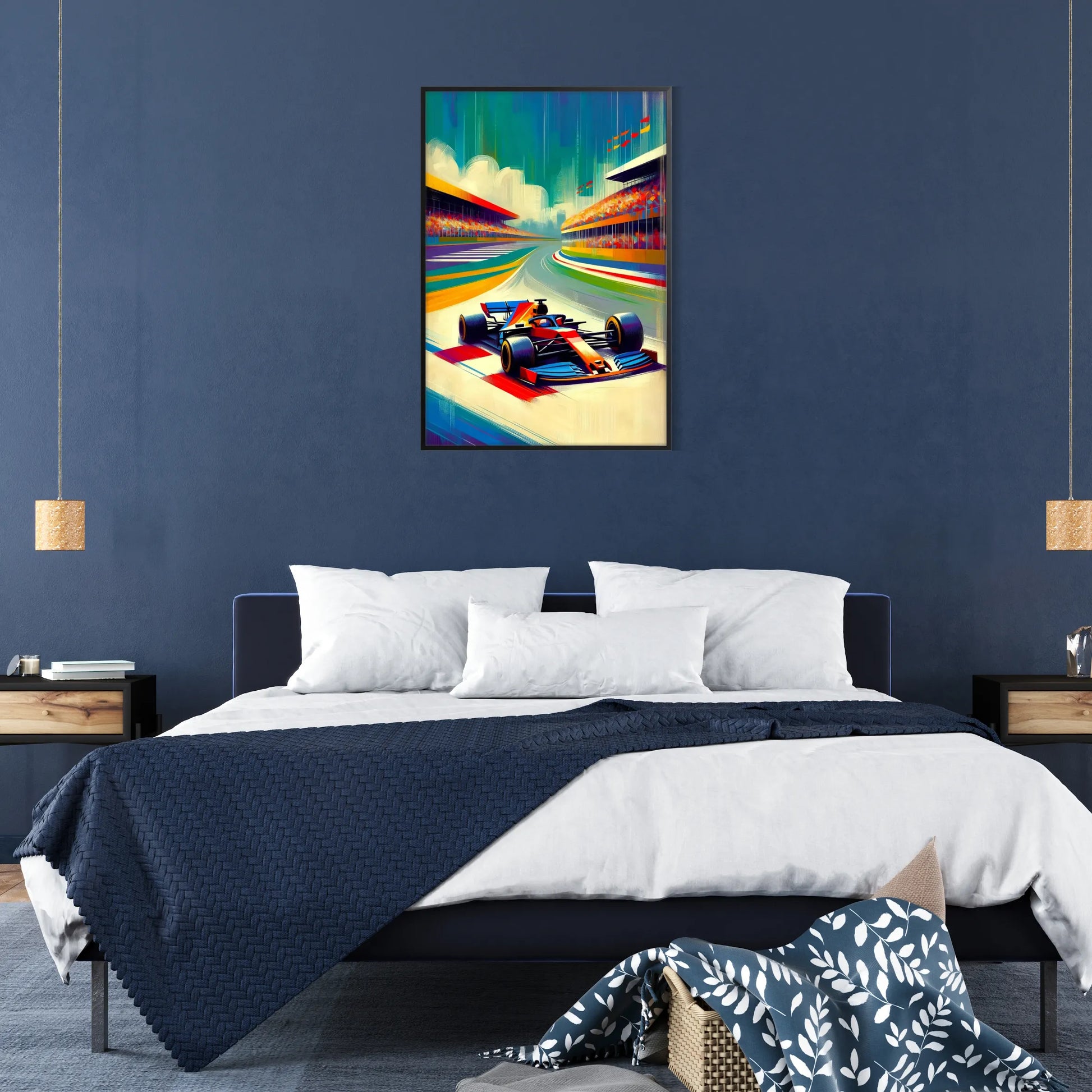 space Formula 1 poster dynamic brown blue hues wall art fans striking print ideal gift room motorsport masterpiece sizes A4 cm A0